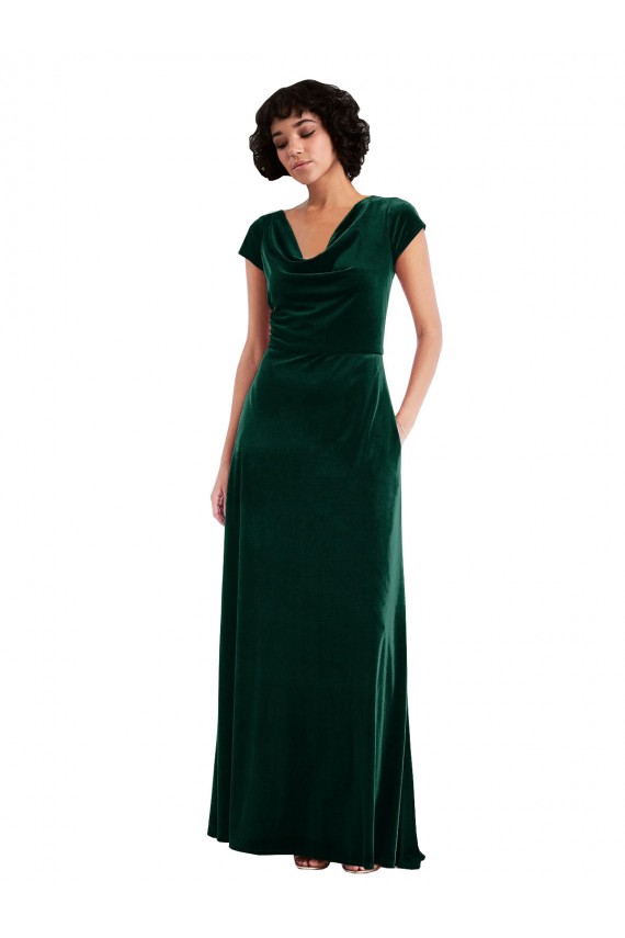 Long Stretch Velvet Cap Sleeves Dark Green Maxi Evening Dress