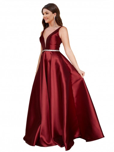 Wholesale Long Satin Sleeveless V-Back Burgundy Plus Size Evening Dress Canada