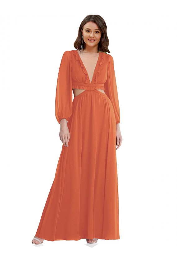 Long Soft Chiffon Long Sleeves Open Back Firecracker Maxi Evening Dress