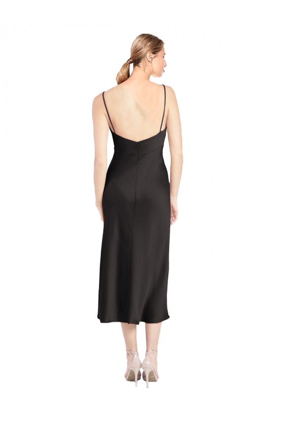 Midi Length Stretch Satin Sleeveless Low Back Black Evening Dress