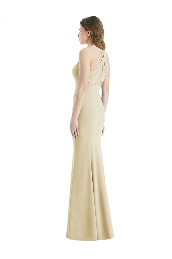 Long Stretch Crepe Sleeveless Open Back Champagne Semi Formal Evening Dress