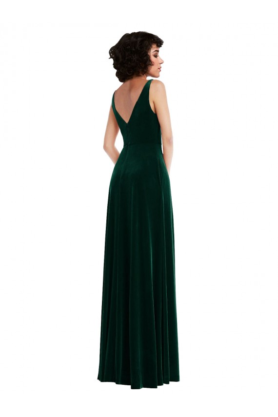 Long Stretch Velvet Sleeveless V-Back Dark Green Maxi Evening Dress