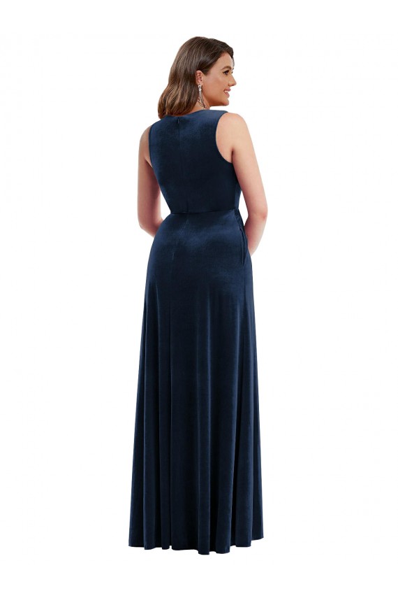 Long Stretch Velvet Sleeveless Dark Navy Maxi Evening Dress