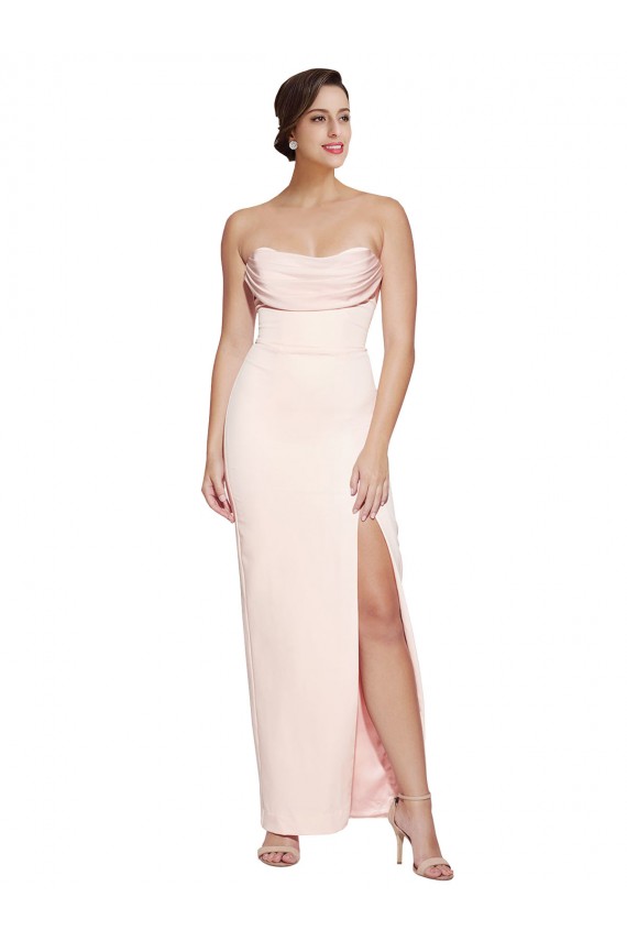 Long Stretch Satin Sleeveless Low Back Cowl Neck Evening Dress