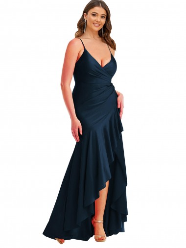 Wholesale Long Silky Satin Sleeveless Dark Navy Plus Size Evening Gown Canada