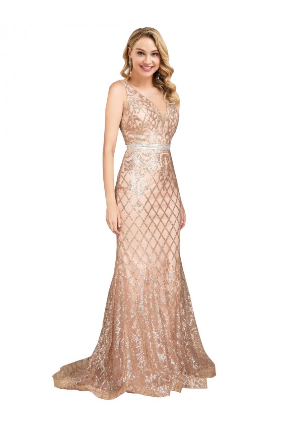 Long Sparkling Sequin Sleeveless V-Back Rose Gold Plus Size Evening Dress