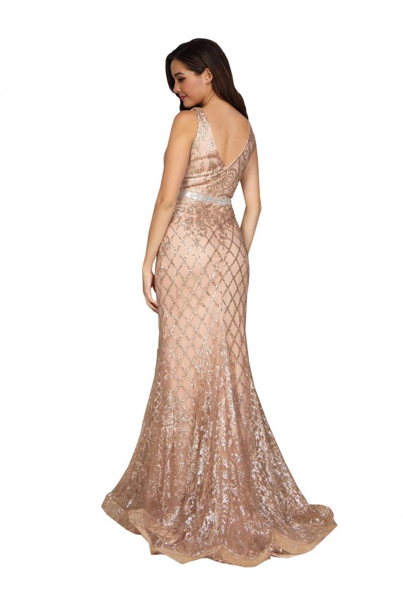 Long Sparkling Sequin Sleeveless V-Back Rose Gold Plus Size Evening Dress
