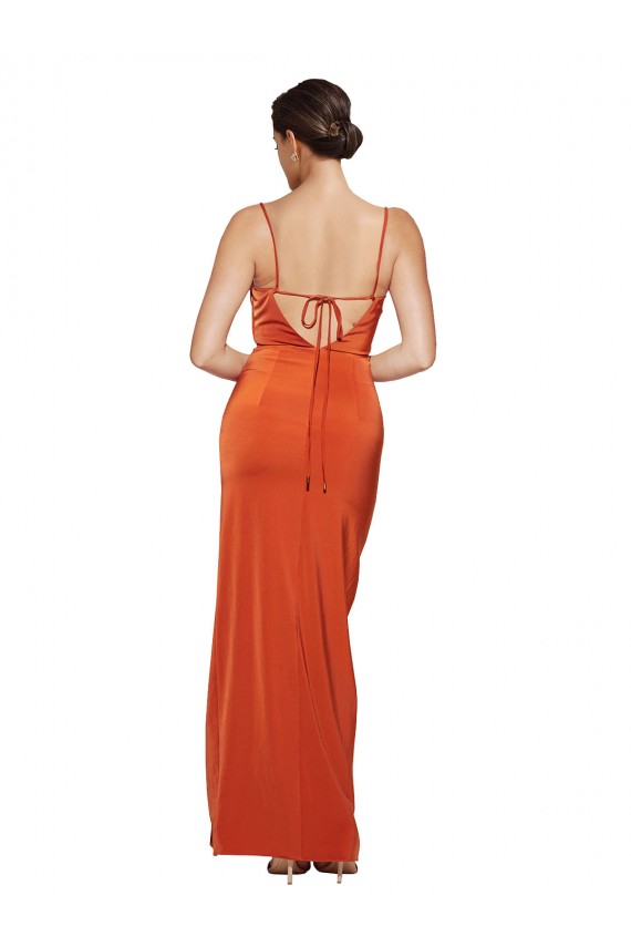 Sweep Train Stretch Satin Sleeveless Open Back Rust Evening Dress