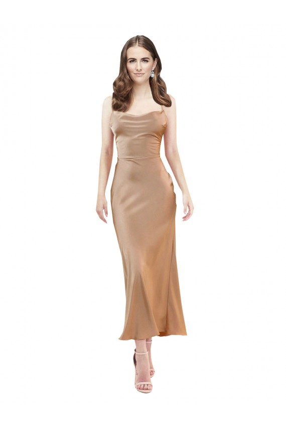 Midi Length Silky Satin Sleeveless Open Back Rose Gold Evening Dress