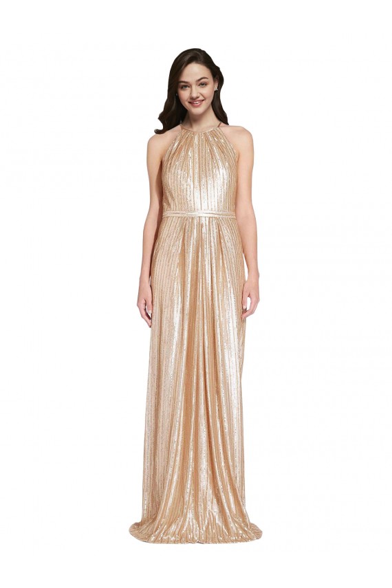 Long Sequin Sleeveless Gold Evening Dress
