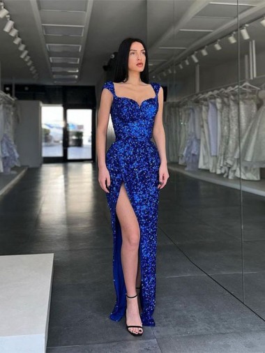 Wholesale Sweep Train Velvet Sequin Sleeveless Royal Blue Spaghetti Straps Evening Dress Canada