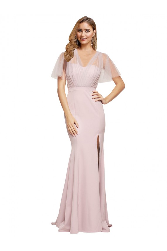 Long Stretch Crepe & Tulle Short Sleeves V-Back Mauve Evening Dress