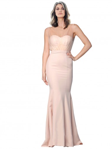 Wholesale Long Stretch Crepe & Tulle Sleeveless Low Back Nude Evening Dress Canada