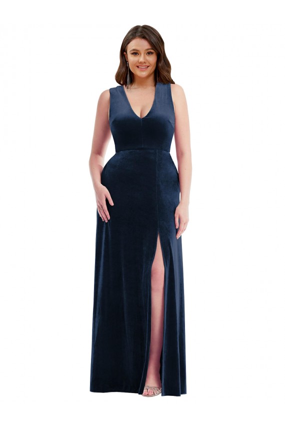 Long Stretch Velvet Sleeveless Dark Navy Maxi Evening Dress