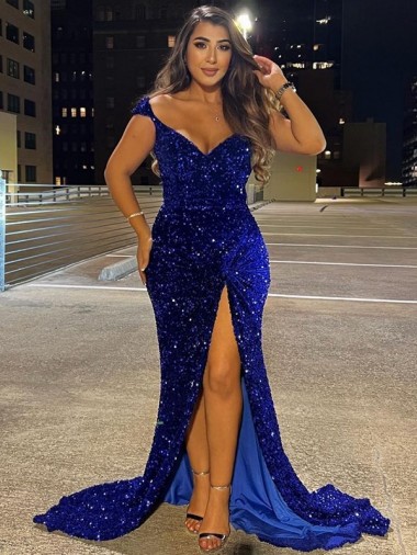 Wholesale Sweep Train Velvet Sequin Sleeveless Royal Blue Evening Dresses Canada